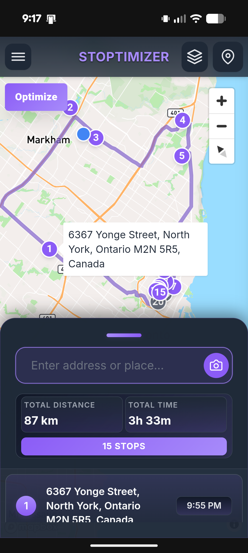 Address search and stop list in Stoptimizer