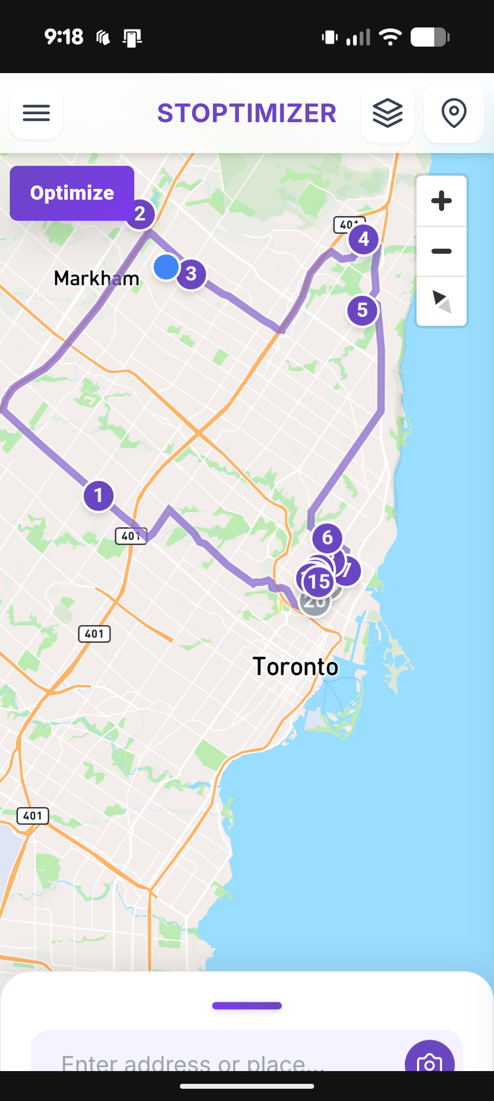 Stoptimizer app showing a map with an optimized route