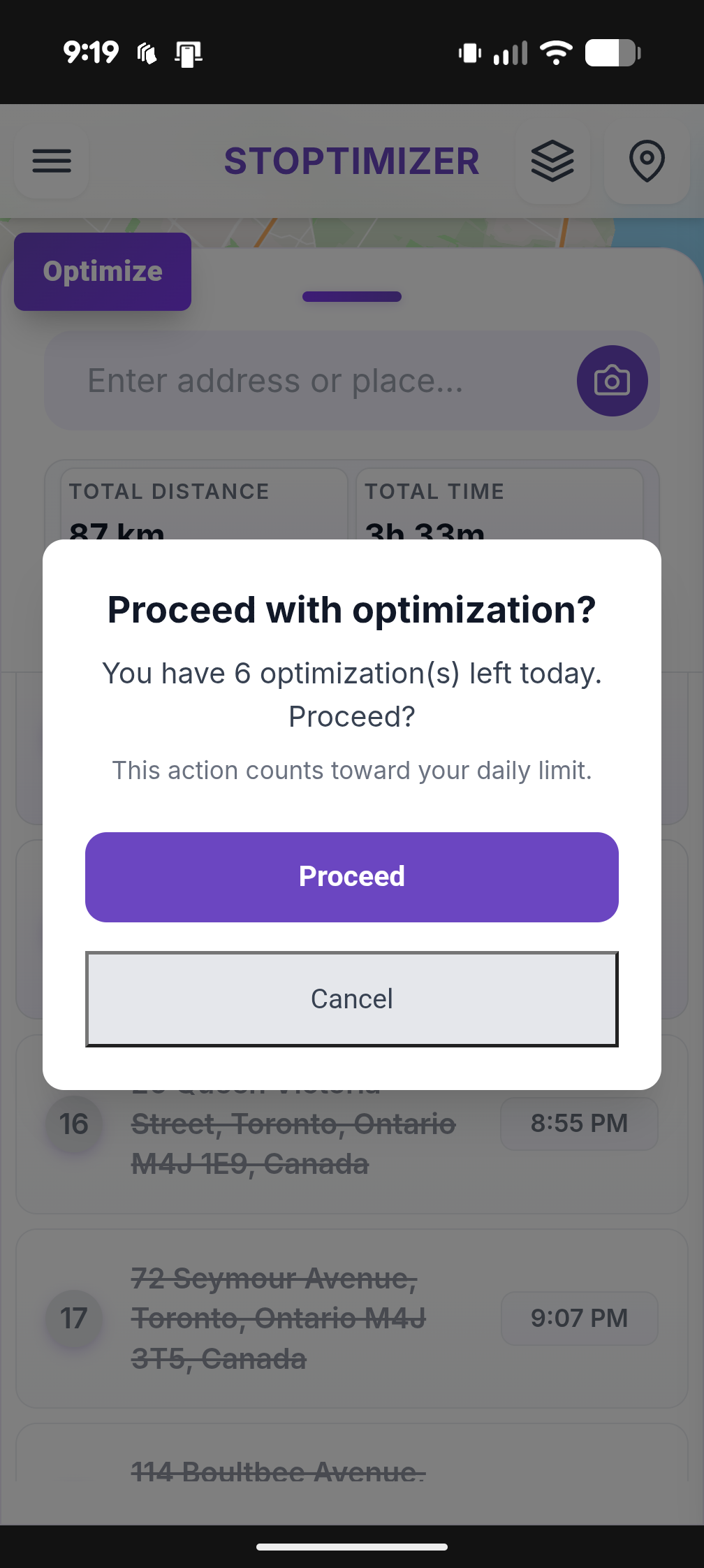 Route optimization confirmation in Stoptimizer